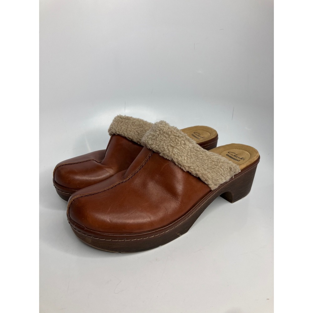Clarks Clogs Women 10 Brown Good Leather Faux Shearling Trim Platform Mules